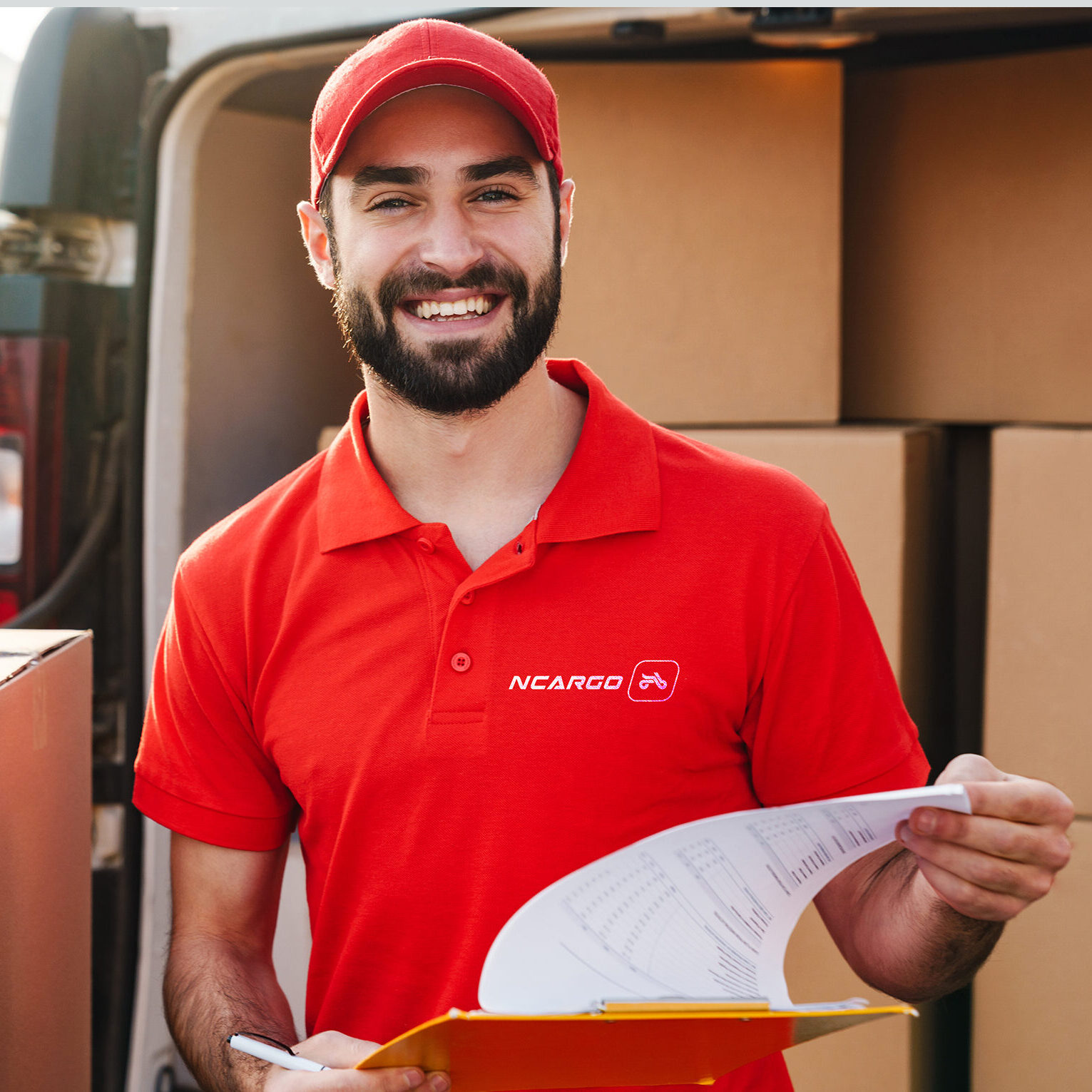Image,Of,Happy,Delivery,Man,In,Red,Uniform,Holding,Clipboard